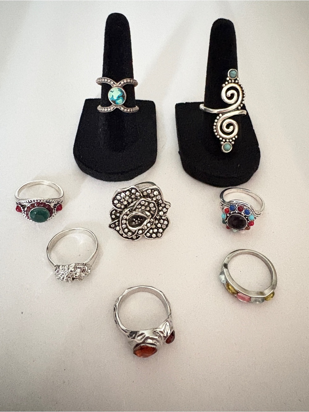 Bundle of 8 Silver Tone Statement Rings | Mixed Styles & Colors